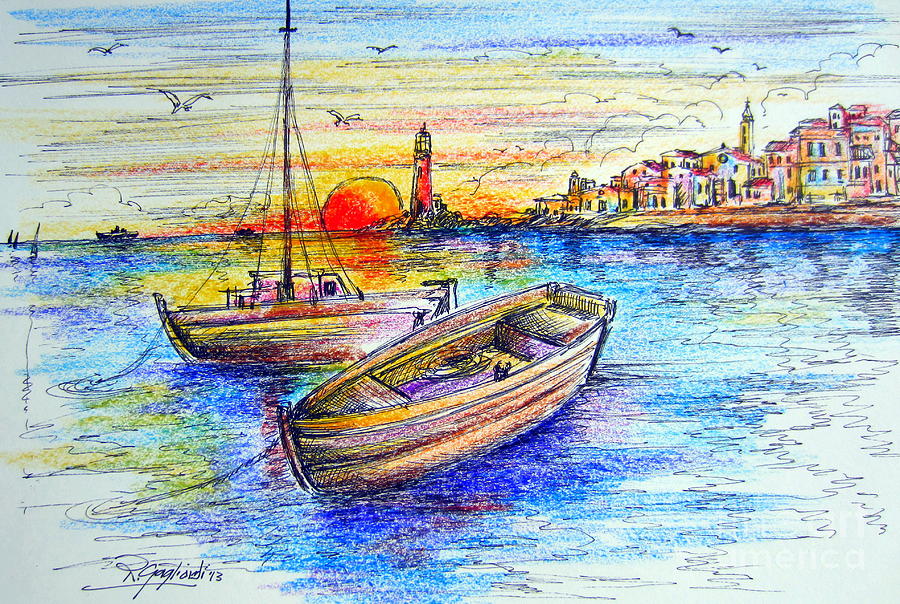 Fishermen boats at sunset Painting by Roberto Gagliardi