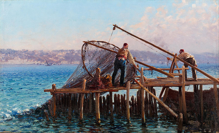Fausto Zonaro Painting - Fishermen Bringing in the Catch by Fausto Zonaro