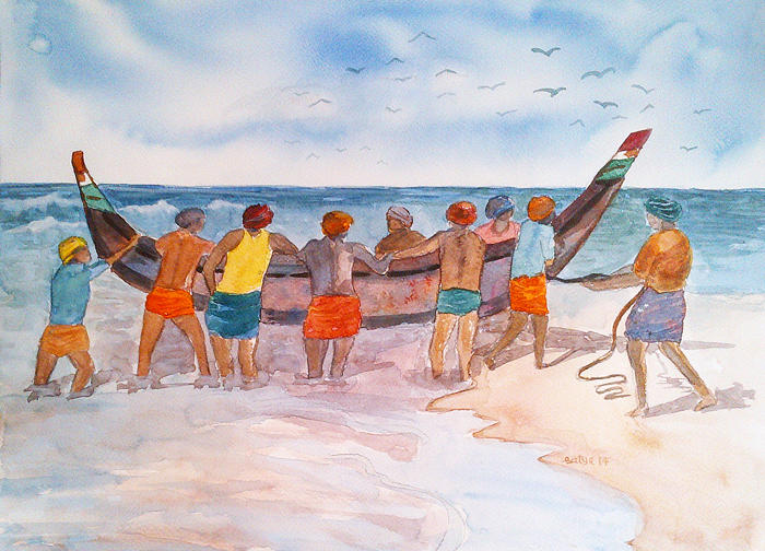 Fishermen pulling a fishing boat from sea in India Painting by Satya Art -  Pixels