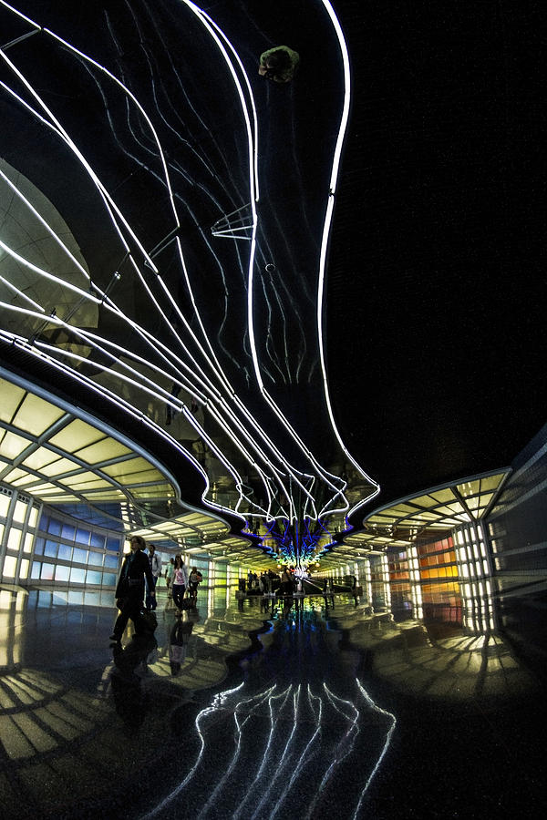 Fisheye of the neon pedway at Ohare airport Photograph by Sven Brogren