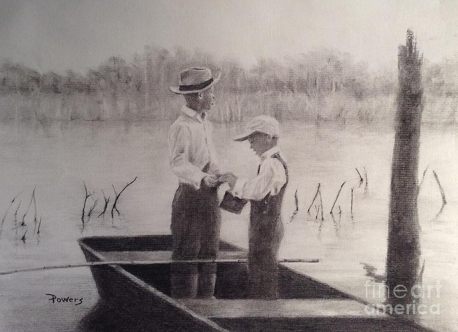 Black And White Drawing - Fishin Buddies by Mary Lynne Powers