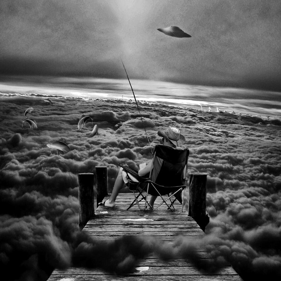 Fishing Above the Clouds grayscale Digital Art by Marian Voicu