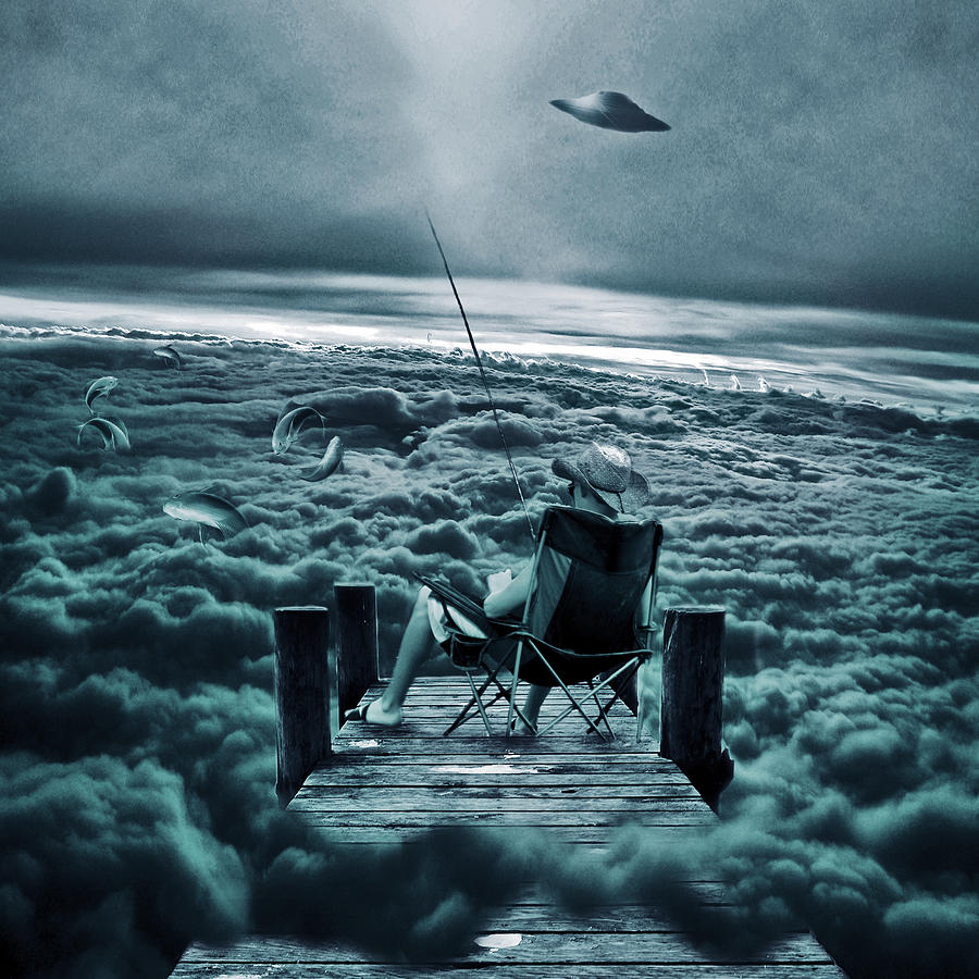Surrealism Digital Art - Fishing Above the Clouds by Marian Voicu