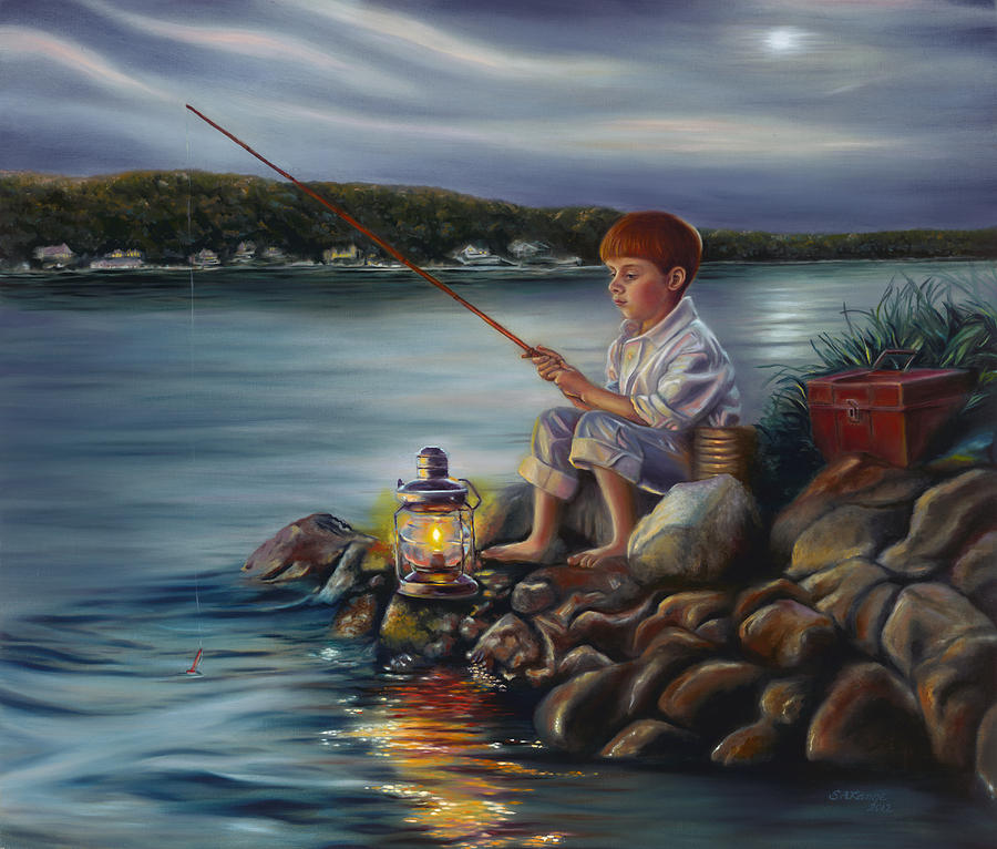 Sunset Painting - Fishing at Dusk by Sharon Lange