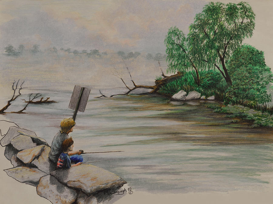 Fishing At Lake Palourde Drawing