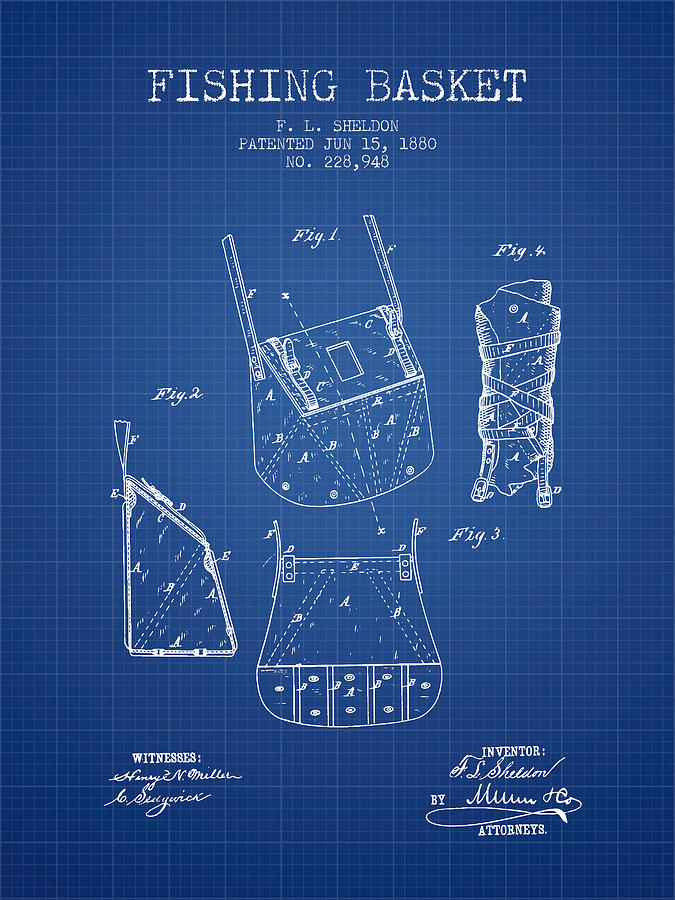 Fish Digital Art - Fishing Basket Patent from 1880 - Blueprint by Aged Pixel