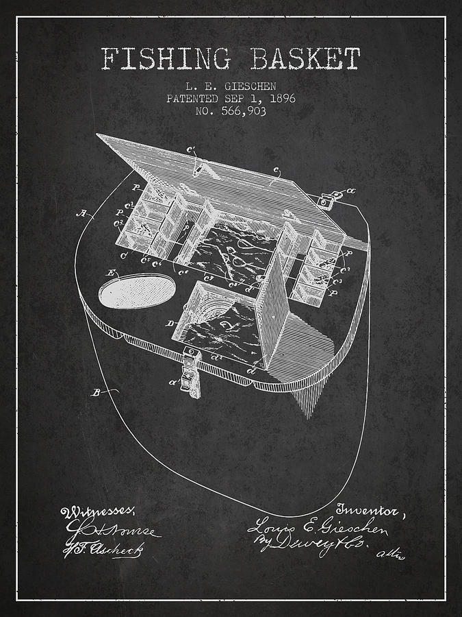 Fish Digital Art - Fishing Basket Patent from 1896 - Charcoal by Aged Pixel