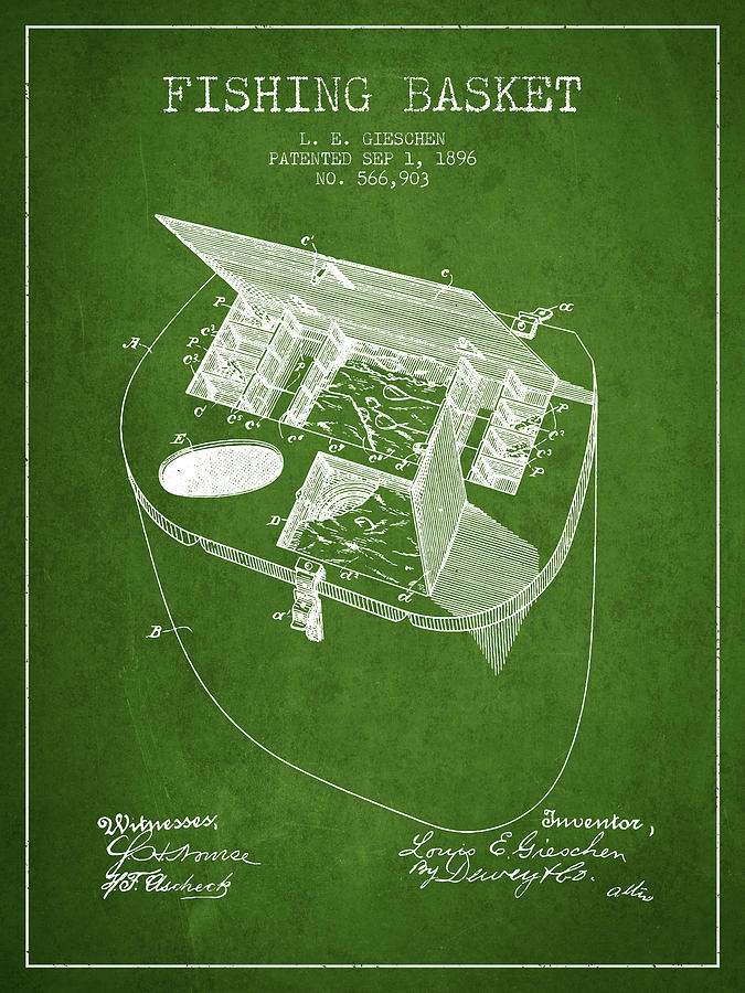 Fish Digital Art - Fishing Basket Patent from 1896 - Green by Aged Pixel