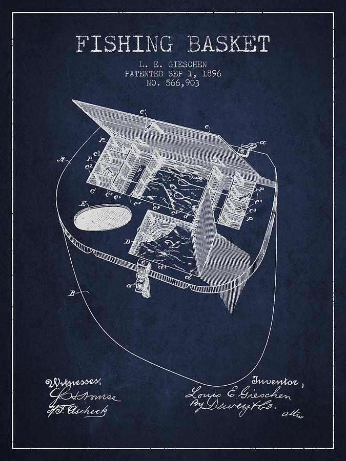Fish Digital Art - Fishing Basket Patent from 1896 - Navy Blue by Aged Pixel