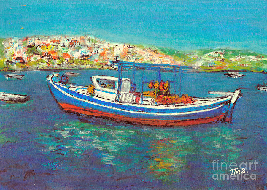 Fishing Boat - Koroni Harbour Painting by Jackie Sherwood