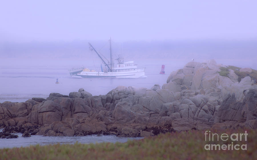 Boat Photograph - Fishing Boat  Along Monterey Bay Coastline On A Calm Foggy Misty Morning by Jerry Cowart