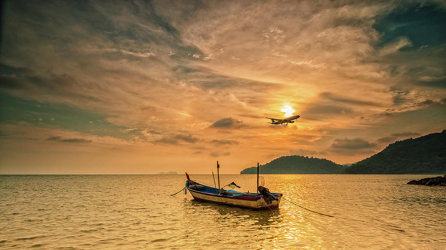 Fishing Boat And An Aeroplane At Sunset Photograph by Www.imagesbyhafiz.com