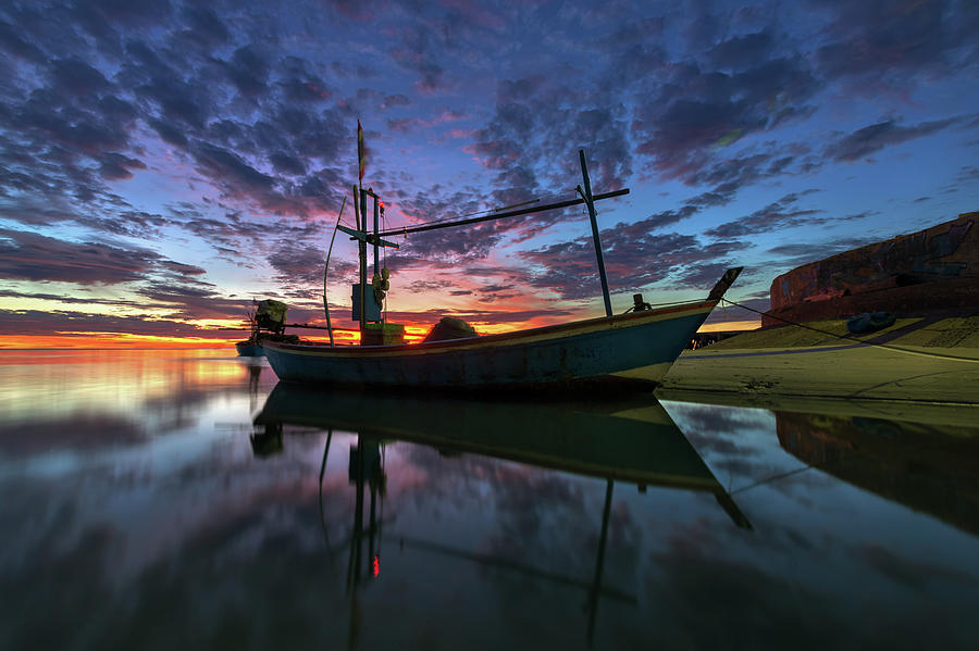 Fishing Boats And Beautiful Sky In The Photograph by Monthon Wa