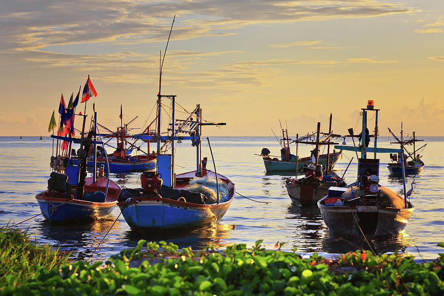 Fishing Boats At Huahin Beach Photograph by Monthon Wa