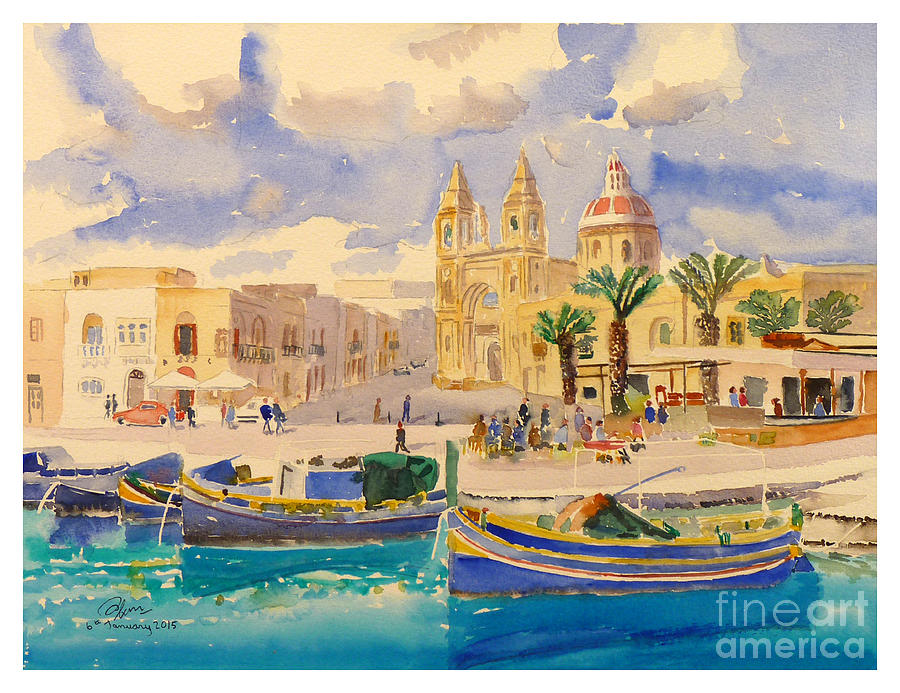 Fishing boats at Marsaxlokk Painting by Godwin Cassar