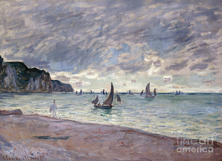 Claude Monet Painting - Fishing Boats in front of the Beach and Cliffs of Pourville by Claude Monet