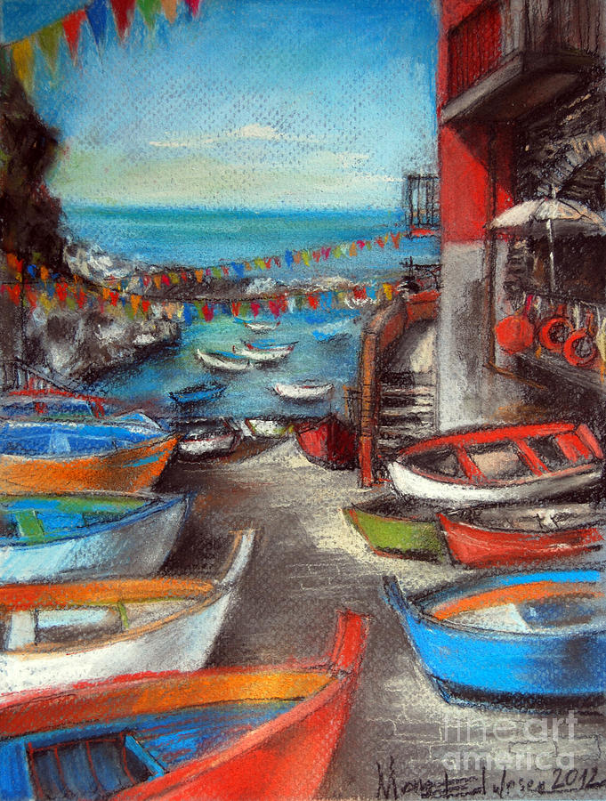 Fishing Boats In Riomaggiore Pastel by Mona Edulesco