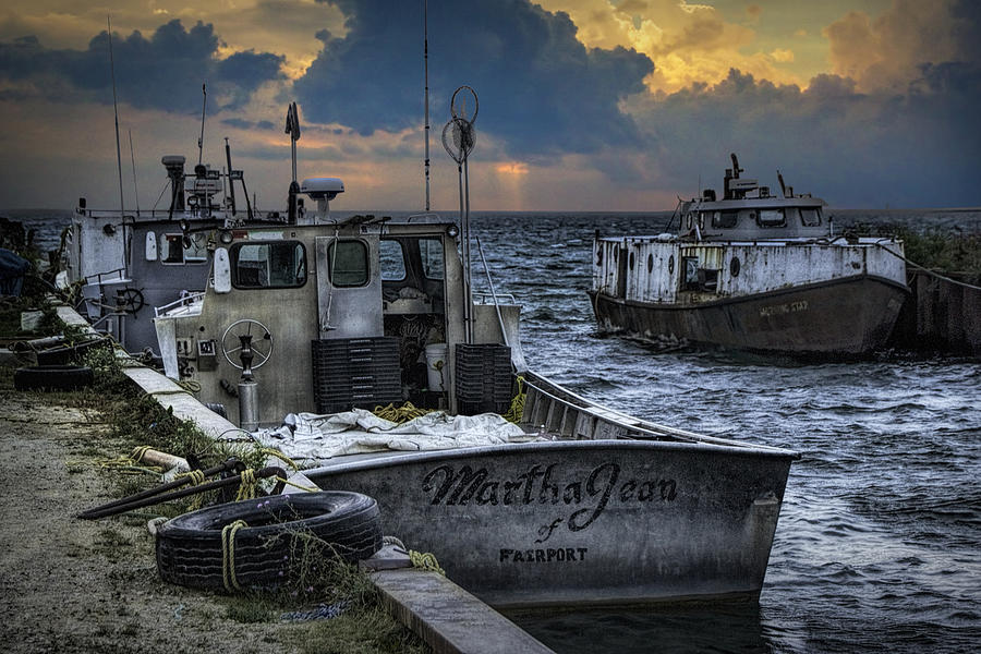 Sunset Photograph - Fishing Boats moored in the channel with rain storm moving in by Randall Nyhof