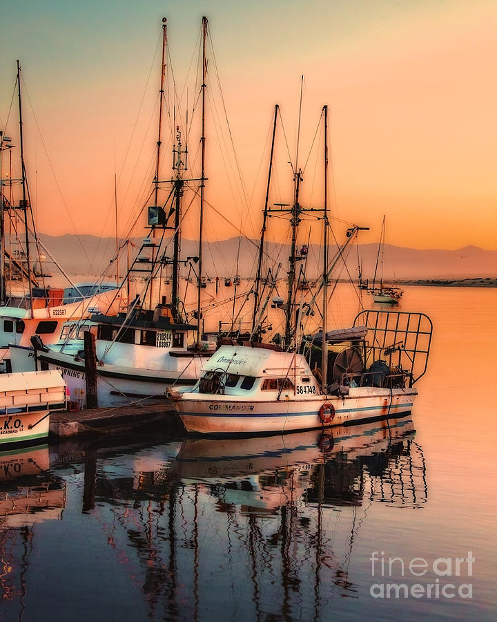 Nature Photograph - Fishing Fleet Sunset Boat Reflection at Fishermans Wharf Morro Bay California by Jerry Cowart