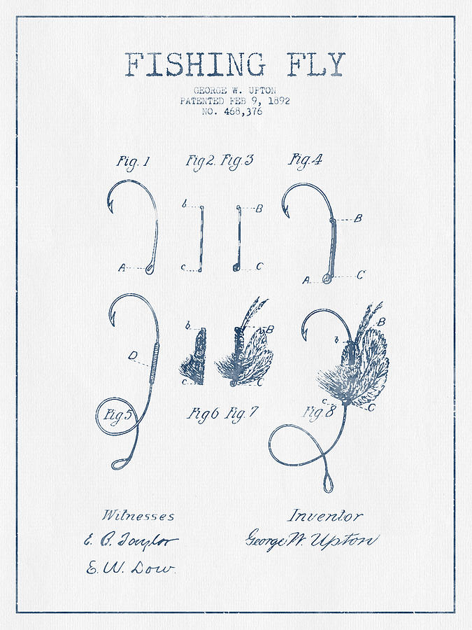 Fish Digital Art - Fishing Fly Patent Drawing from 1892 - Blue Ink by Aged Pixel