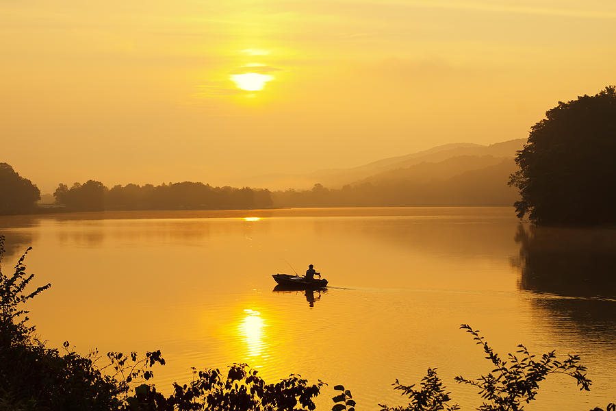 Sunset Photograph - Fishing in Morning Fog by Delmas Lehman