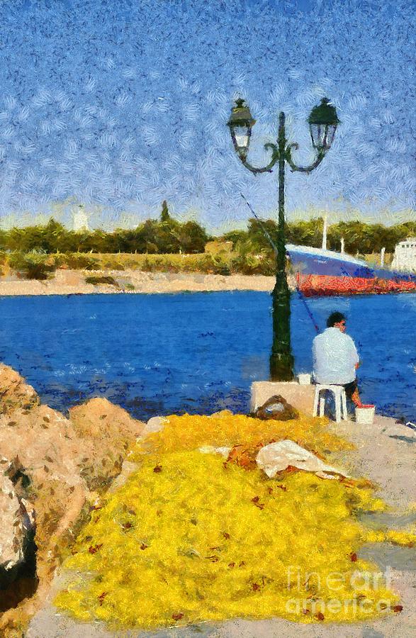 Fishing in Spetses island Painting by George Atsametakis