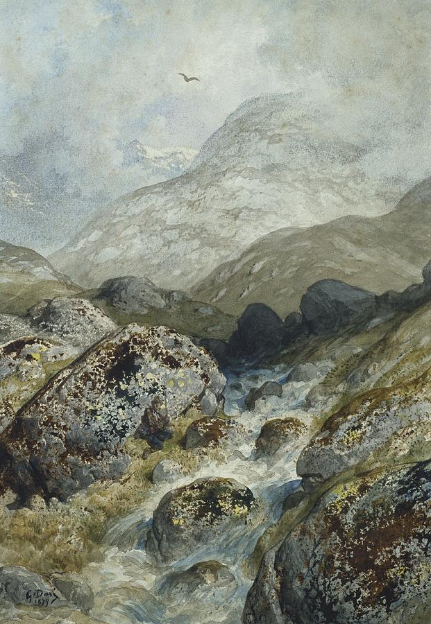 Fish Painting - Fishing in the mountains by Gustave Dore