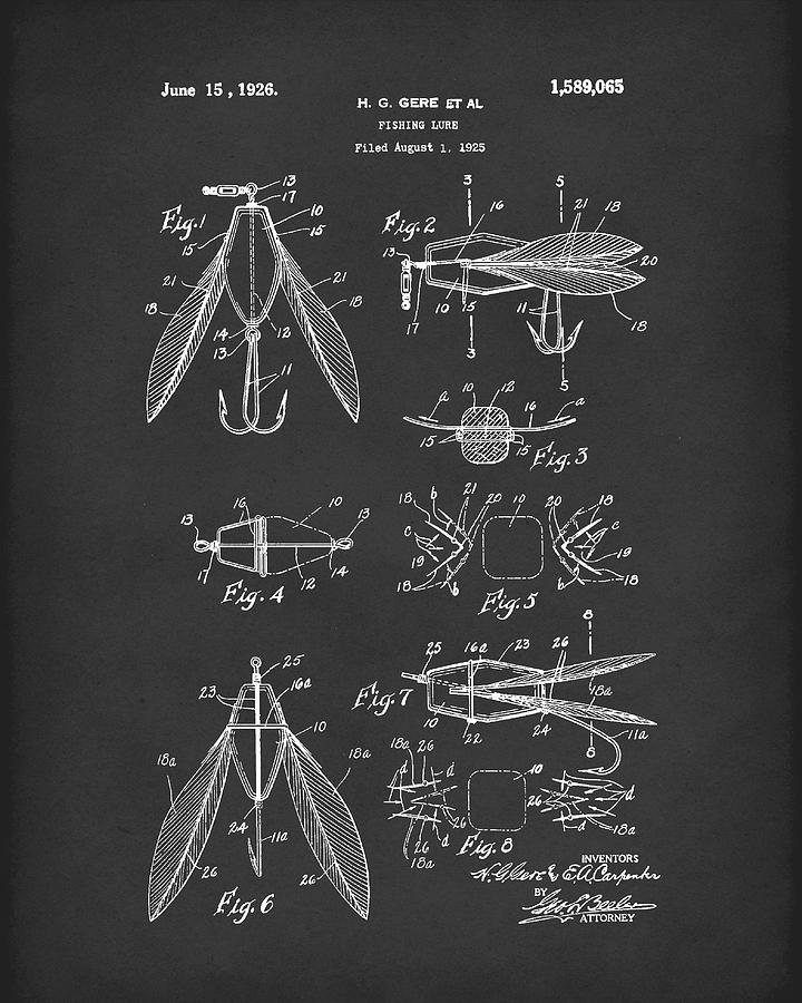 Fishing Lure 1926 Patent Art Black Drawing by Prior Art Design
