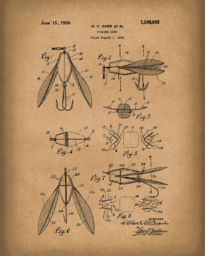 Fishing Lure 1926 Patent Art Brown Drawing by Prior Art Design