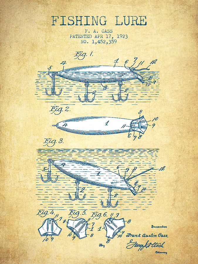 Fish Drawing - Fishing Lure Patent Drawing from 1923 - Vintage Paper by Aged Pixel