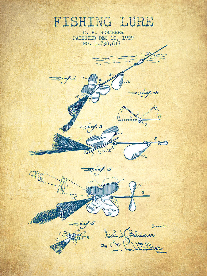 Fish Drawing - Fishing Lure Patent Drawing from 1929 - Vintage Paper by Aged Pixel