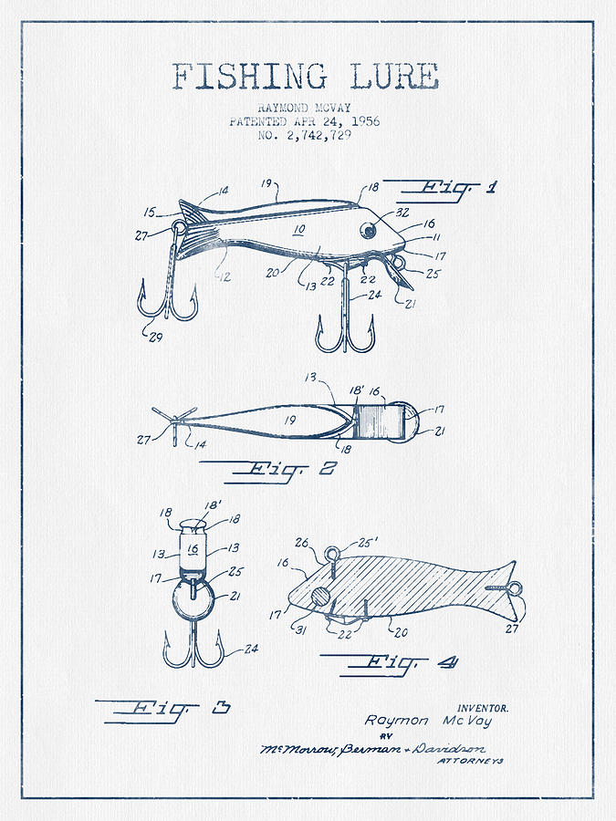 Fishing Lure Patent Drawing from 1956 - Blue Ink by Aged Pixel
