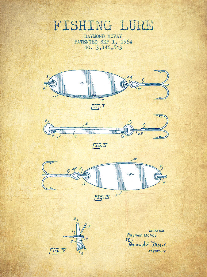 Fish Drawing - Fishing Lure Patent Drawing from 1964 - Vintage Paper by Aged Pixel