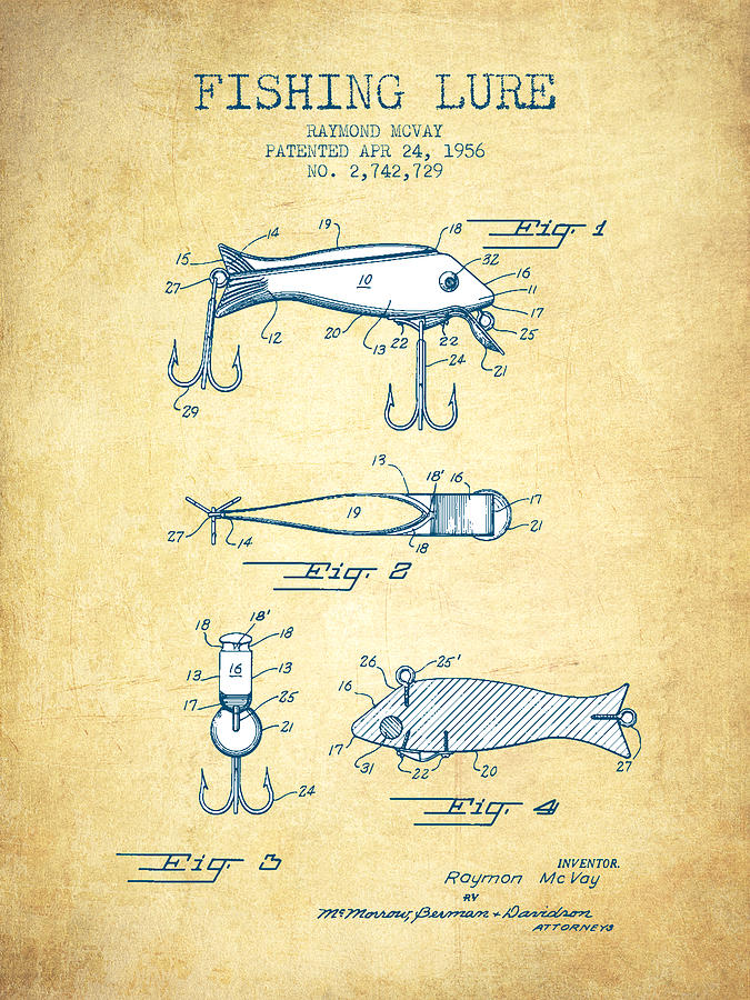 Fish Drawing - Fishing Lure Patent from 1956 - Vintage Paper by Aged Pixel