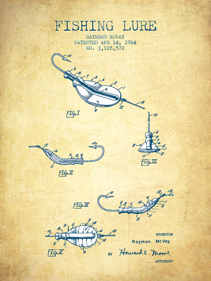 Fish Drawing - Fishing Lure Patent from 1964 - Vintage Paper by Aged Pixel