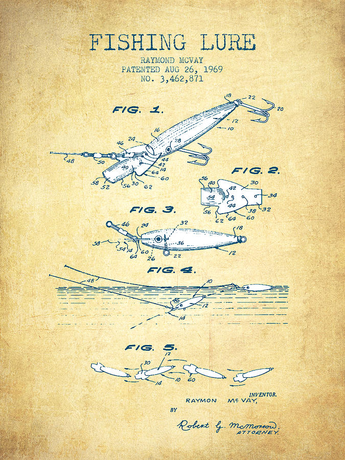 Fish Drawing - Fishing Lure Patent from 1969 - Vintage Paper by Aged Pixel
