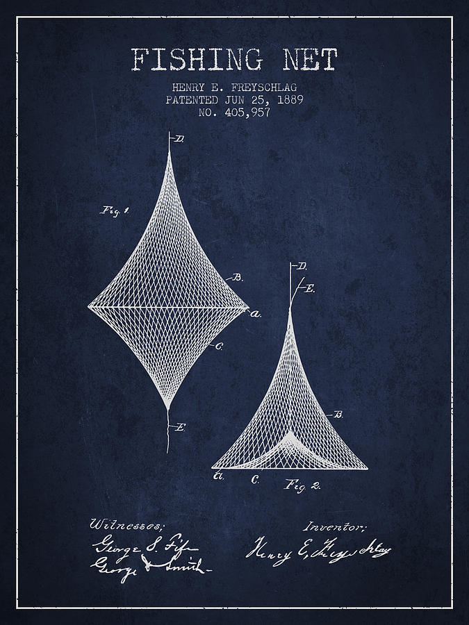 Fish Digital Art - Fishing Net Patent from 1889- Navy Blue by Aged Pixel