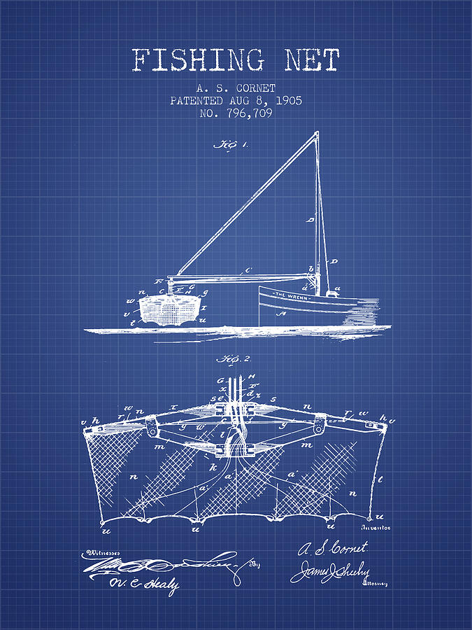 Fish Digital Art - Fishing Net Patent from 1905- Blueprint by Aged Pixel