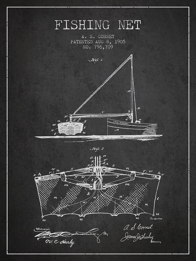 Fish Digital Art - Fishing Net Patent from 1905- Charcoal by Aged Pixel