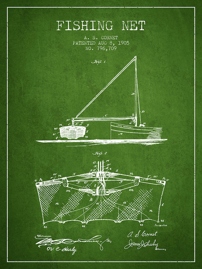 Fish Digital Art - Fishing Net Patent from 1905- Green by Aged Pixel