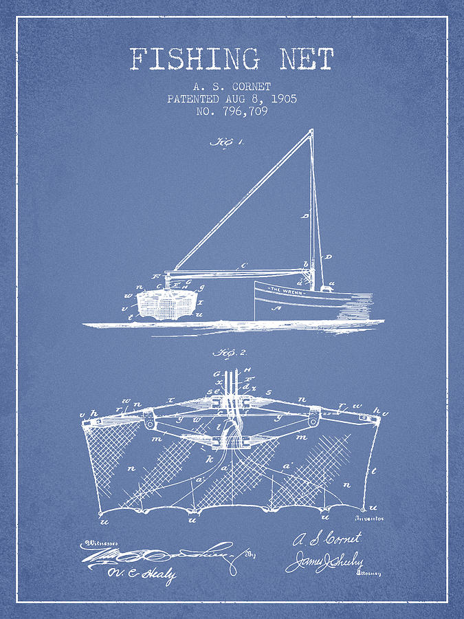 Fish Digital Art - Fishing Net Patent from 1905- Light Blue by Aged Pixel