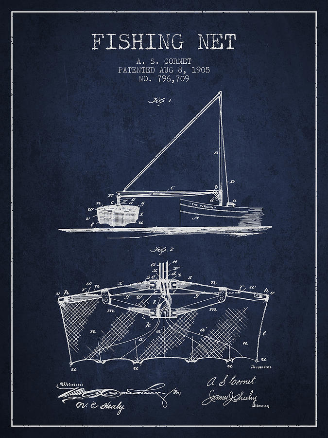 Fishing Net Digital Art - Fishing Net Patent From 1905- Navy Blue by Aged Pixel Fishing Net Digital Art - Fishing Net Patent From 1905- Navy Blue by Aged Pixel