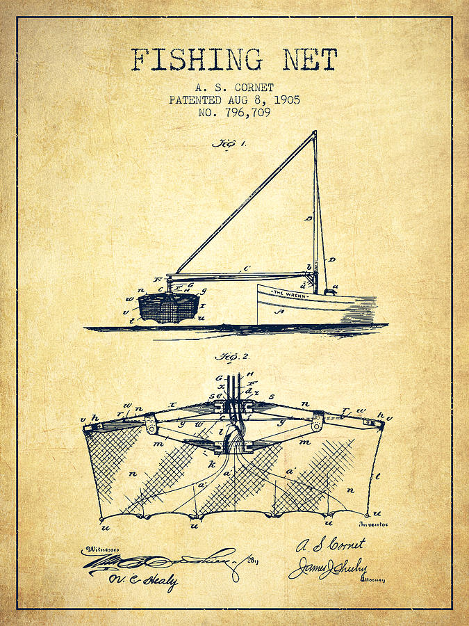 Fish Digital Art - Fishing Net Patent from 1905- Vintage by Aged Pixel