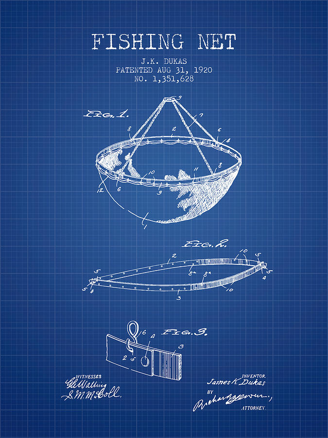 Fish Digital Art - Fishing Net Patent from 1920- Blueprint by Aged Pixel