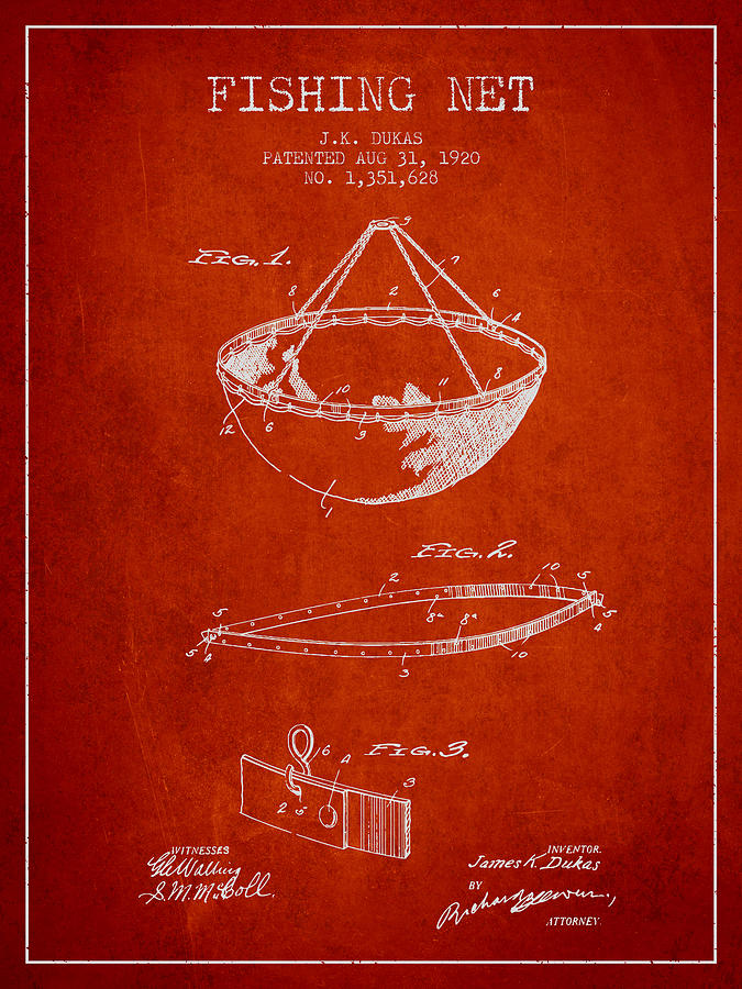 Fish Digital Art - Fishing Net Patent from 1920- Red by Aged Pixel