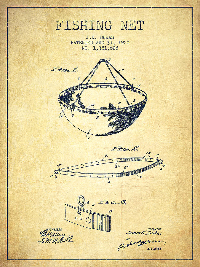 Fish Digital Art - Fishing Net Patent from 1920- Vintage by Aged Pixel