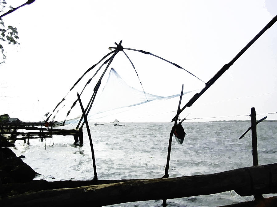Fish Digital Art - Fishing nets on the sea coast in Alleppey by Ashish Agarwal