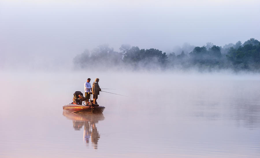 Fish Photograph - Fishing On Foggy Lake by ??? / Austin