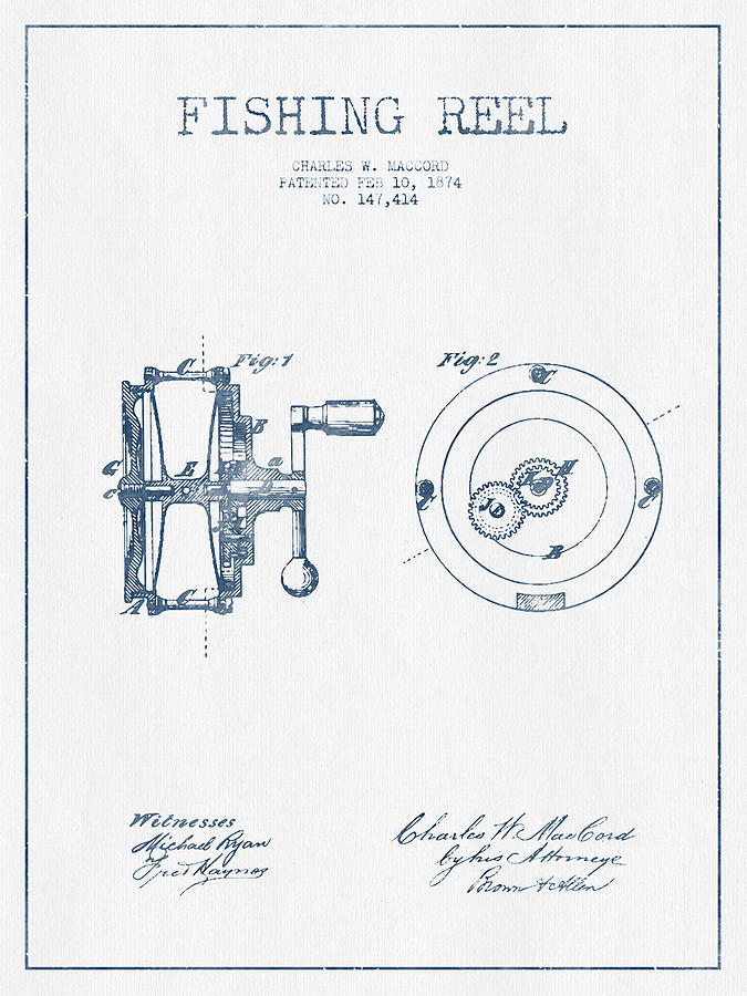 Fishing Reel Patent From 1874 - Blue Ink Digital Art