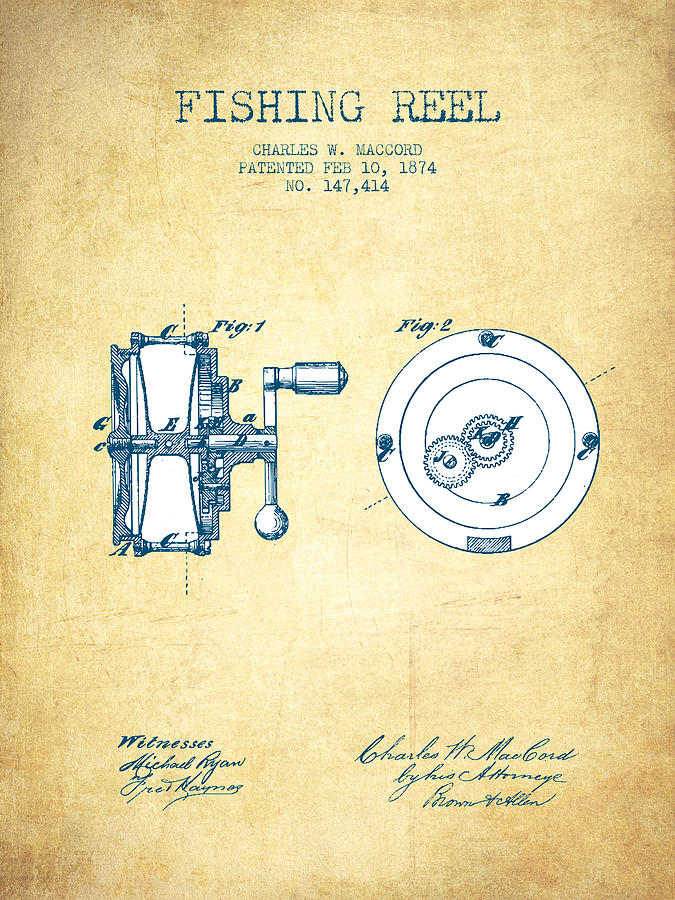 Fish Drawing - Fishing Reel Patent from 1874 - Vintage Paper by Aged Pixel